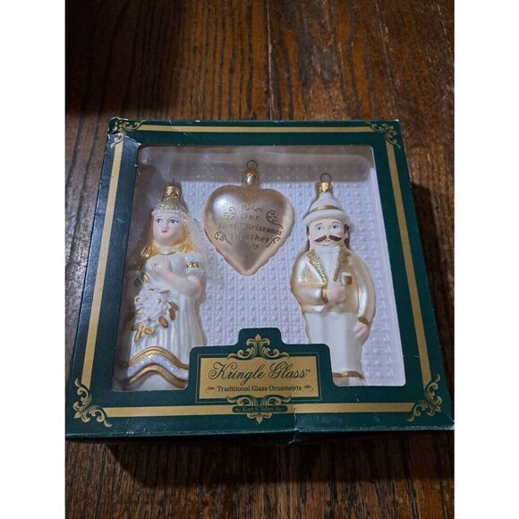 Kringle Glass Kurt S Adler Ornament Set Bride Groom Couple Heart 1st Christmas - Picture 1 of 6